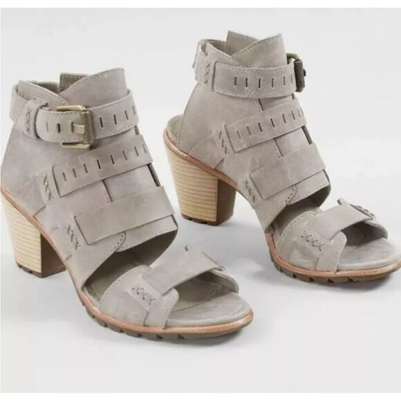 Sorel Nadia Buckle Leather Heeled Sandal in Grey/Kettle Size 8 - Picture 2 of 12